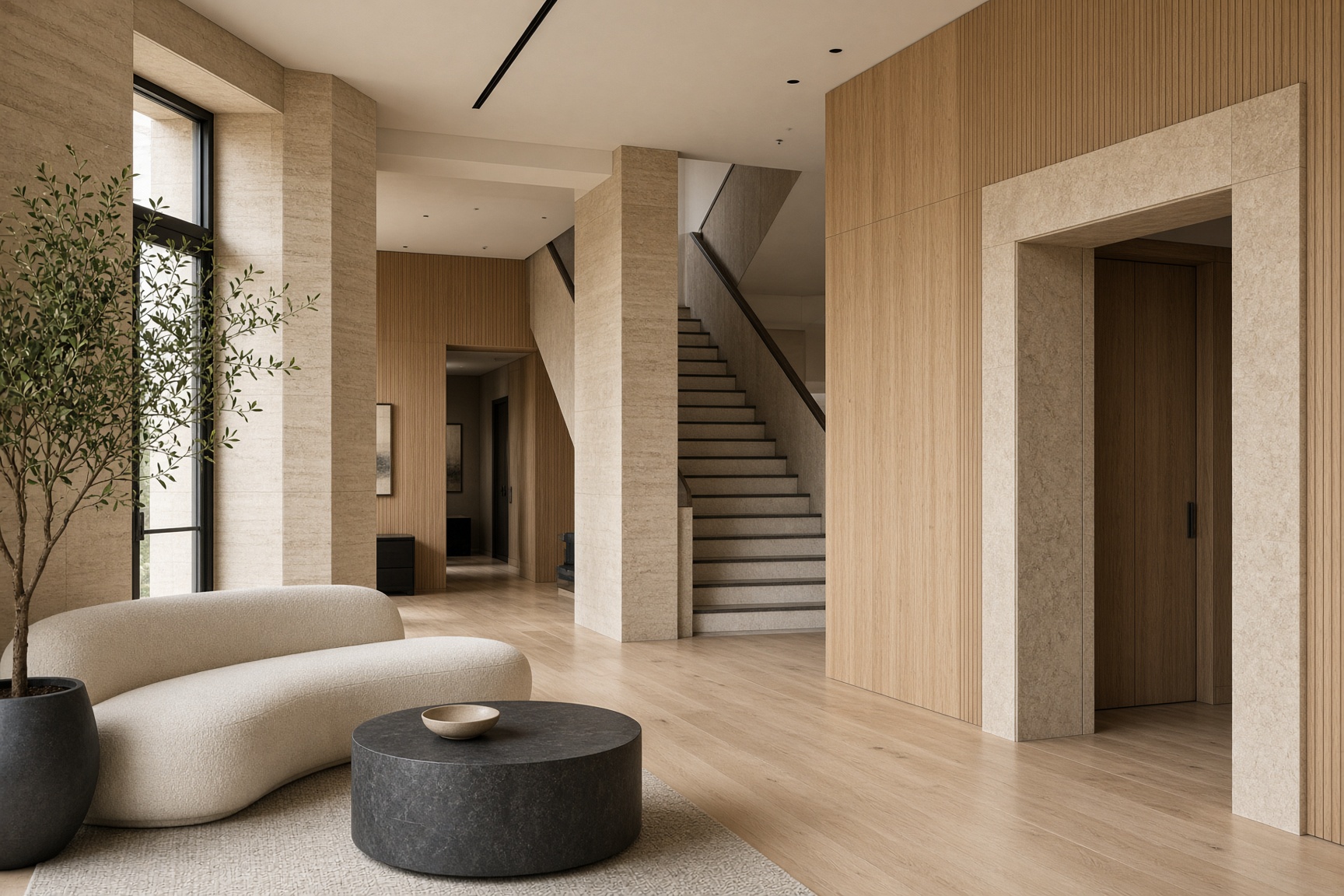 Stone and oak lobby interior