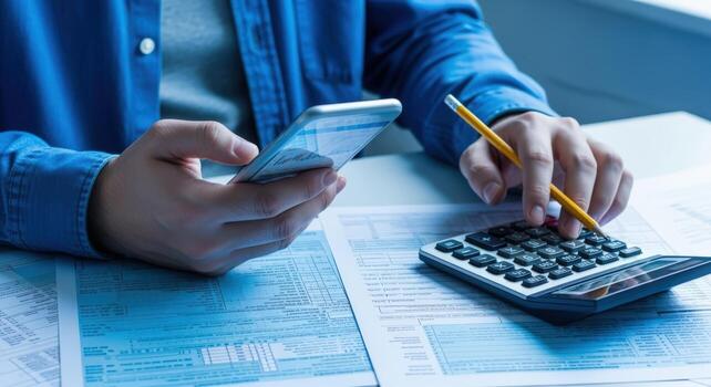 Person reviewing financial documents with a smartphone, pencil, and calculator